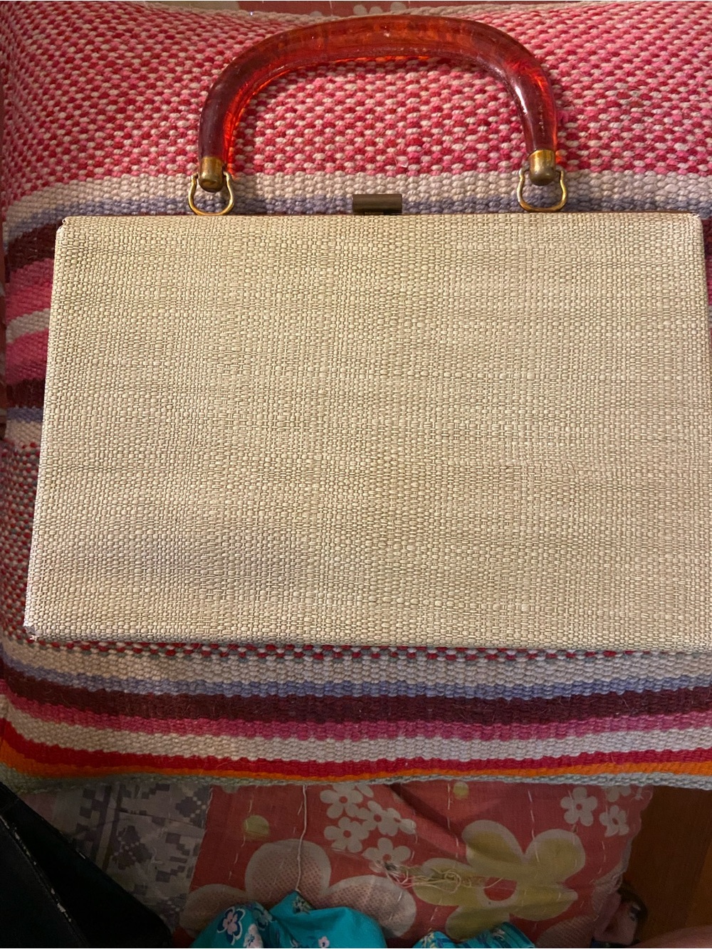 Vintage Beige Woven Clutch with Amber-Style Top Handle